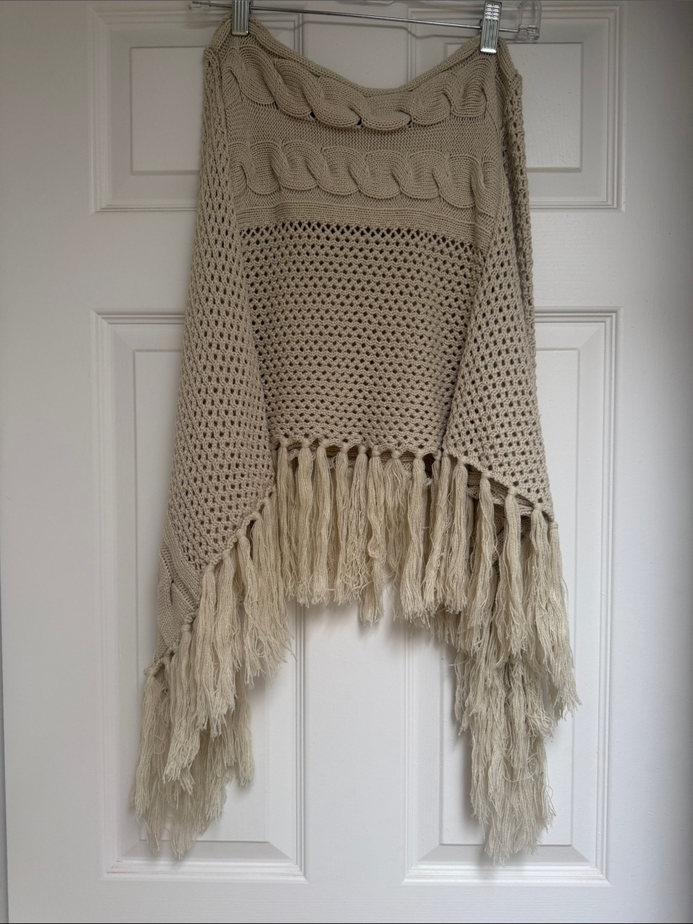 Cream Knit Fringe Poncho
